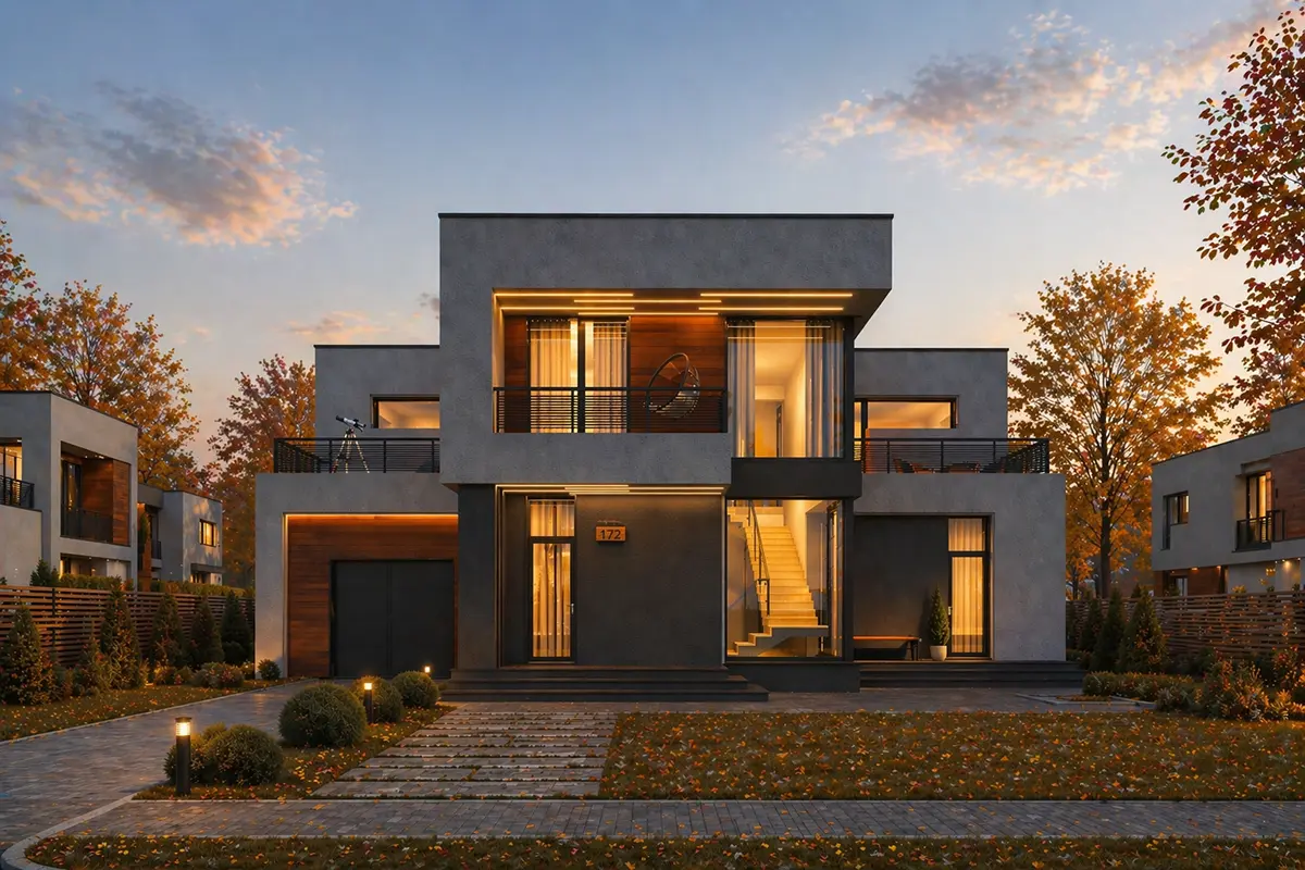 Dviejų aukštų namo projektas 351 m²: 3 Miegamieji, Darbo kambarys, 3 Vonios, Atvira virtuvė, be Garažo