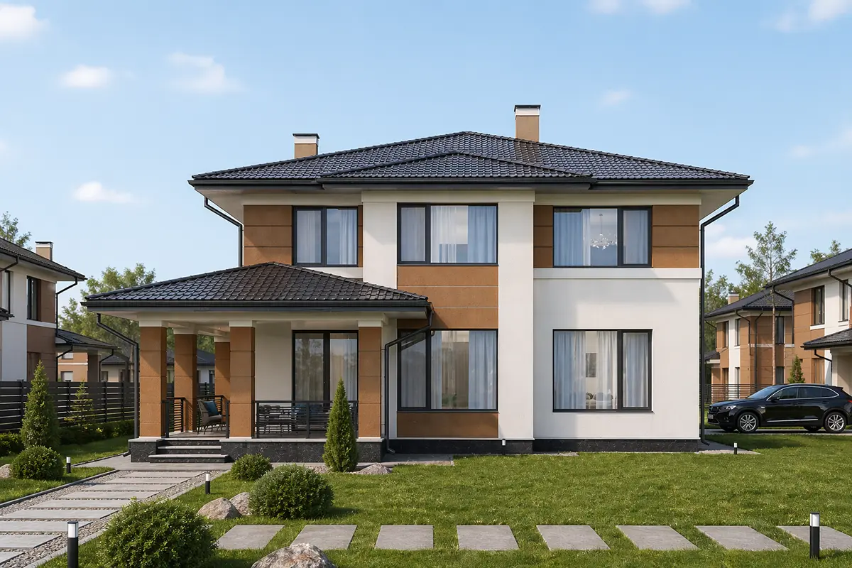 Dviejų aukštų namo projektas 184 m²: 5 Miegamieji, 3 Vonios, Atvira virtuvė, be Garažo