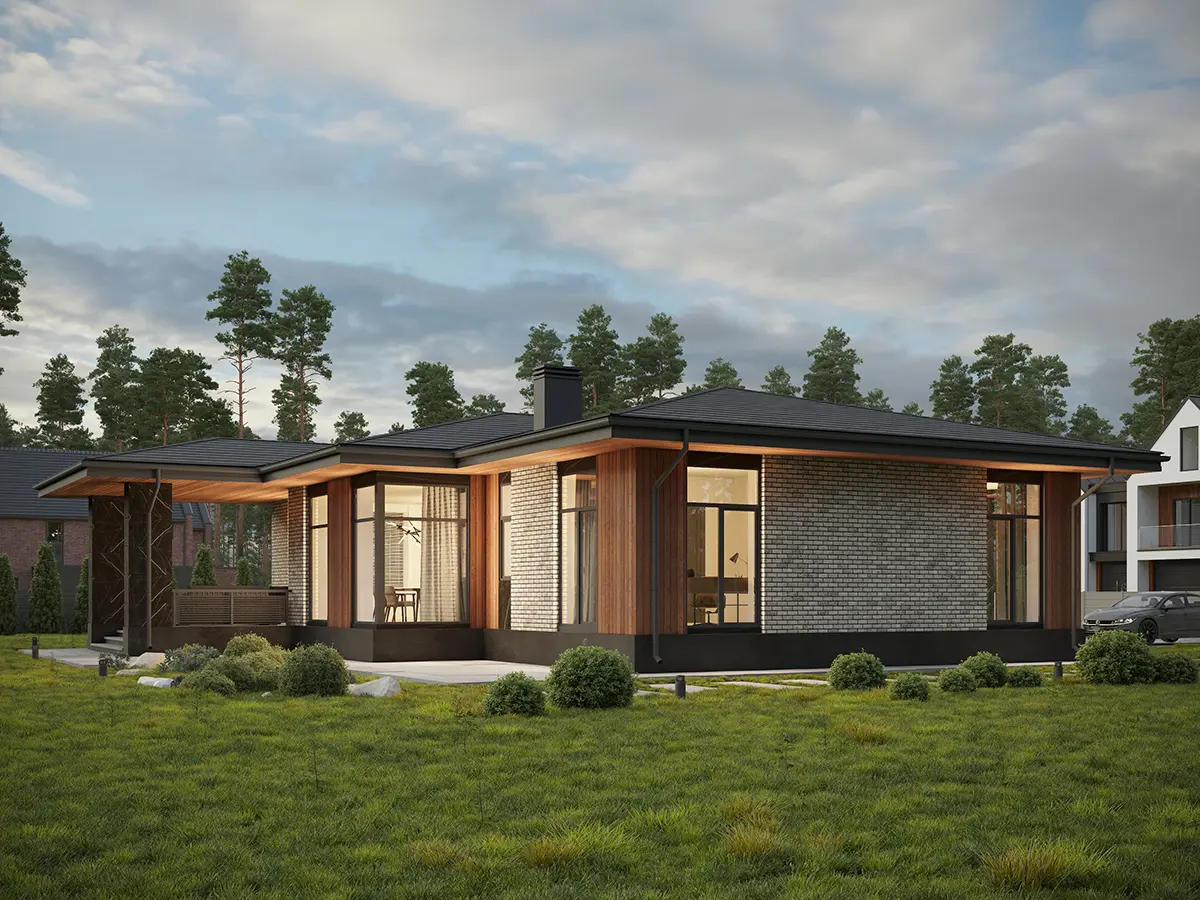 Vieno aukšto namo projektas 154 m²: 3 Miegamieji, 2 Vonios, Atvira virtuvė, be Garažo