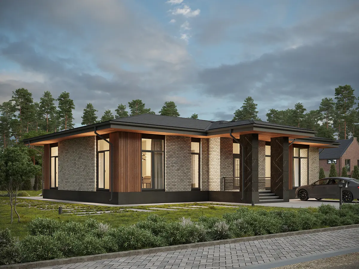 Vieno aukšto namo projektas 154 m²: 3 Miegamieji, 2 Vonios, Atvira virtuvė, be Garažo