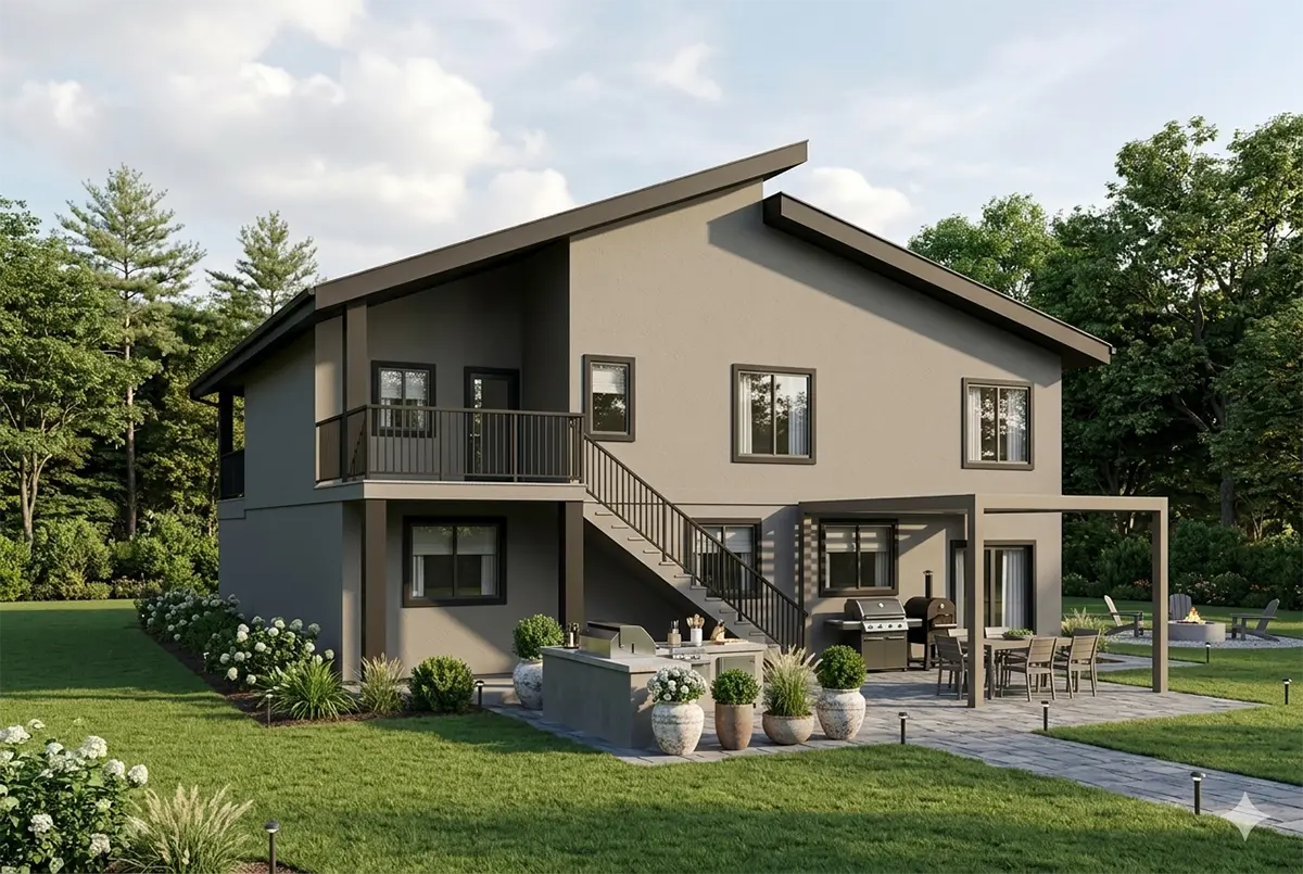 Dviejų aukštų namo projektas 303 m²: 5 Miegamieji, Darbo kambarys, 4 Vonios, Atvira virtuvė, Garažas