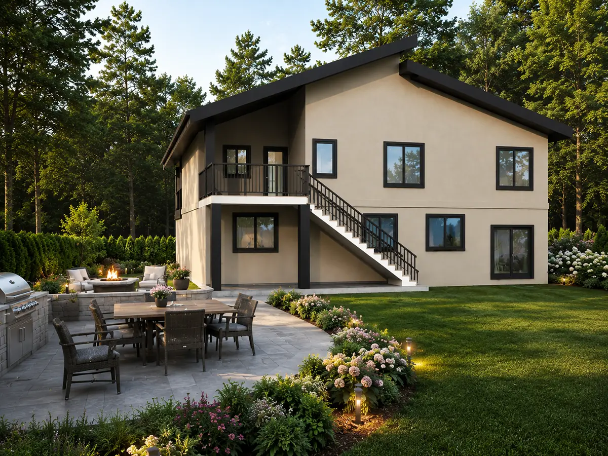 Dviejų aukštų namo projektas 303 m²: 5 Miegamieji, Darbo kambarys, 4 Vonios, Atvira virtuvė, Garažas