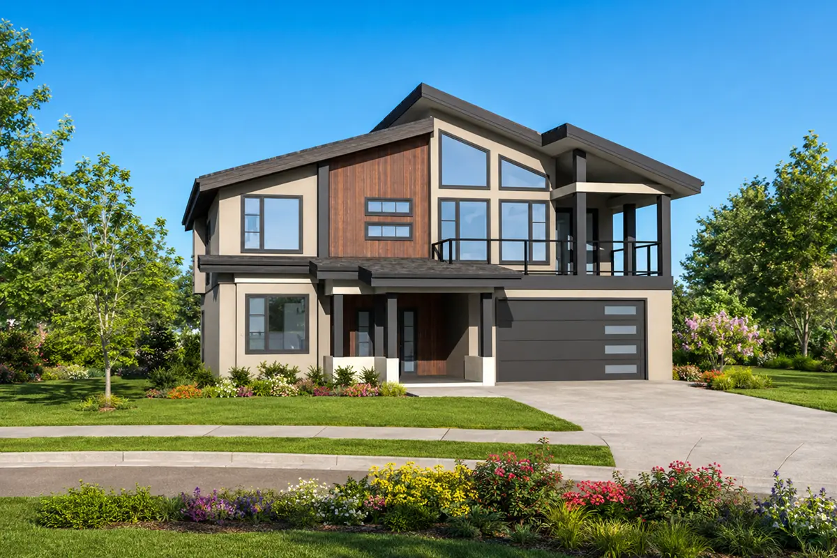 Dviejų aukštų namo projektas 303 m²: 5 Miegamieji, Darbo kambarys, 4 Vonios, Atvira virtuvė, Garažas