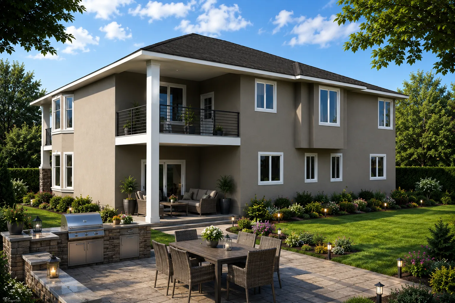 Dviejų aukštų namo projektas 330 m²: 4 Miegamieji, 3 Vonios, Atvira virtuvė, Garažas