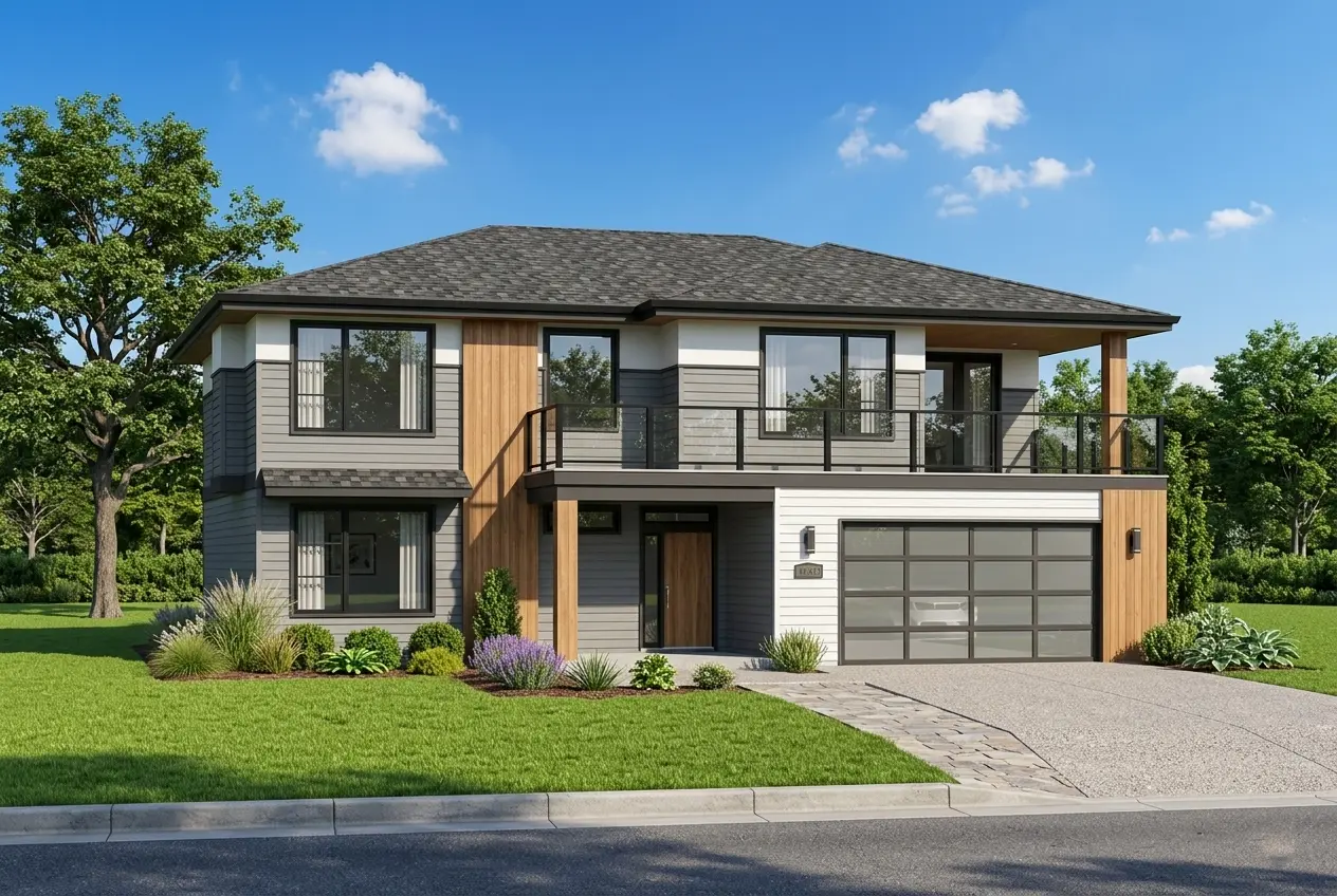 Dviejų aukštų namo projektas 307 m²: 5 Miegamieji, 3 Vonios, Atvira virtuvė, Garažas
