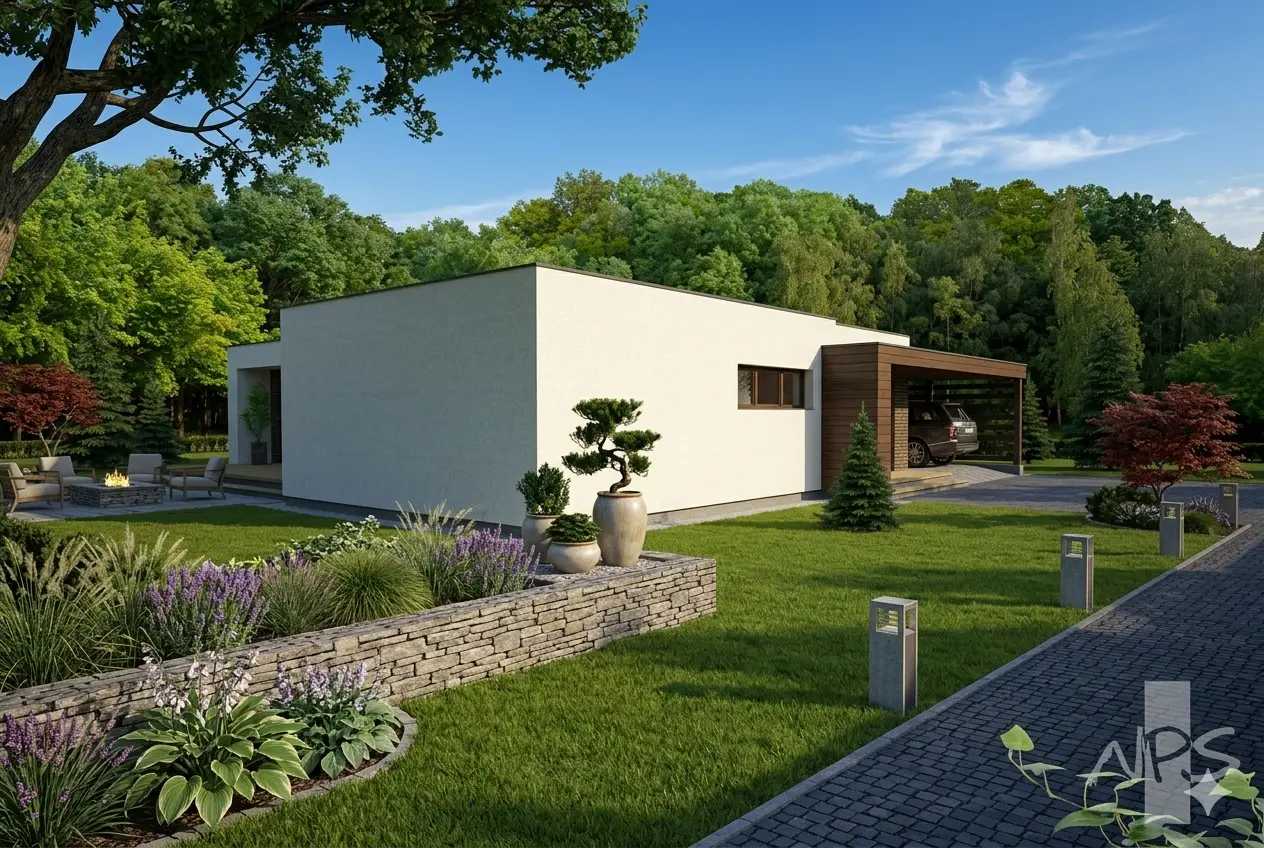 Vieno aukšto namo projektas 108 m²: 2 Miegamieji, Darbo kambarys, 1 Vonios, Atvira virtuvė, be Garažo