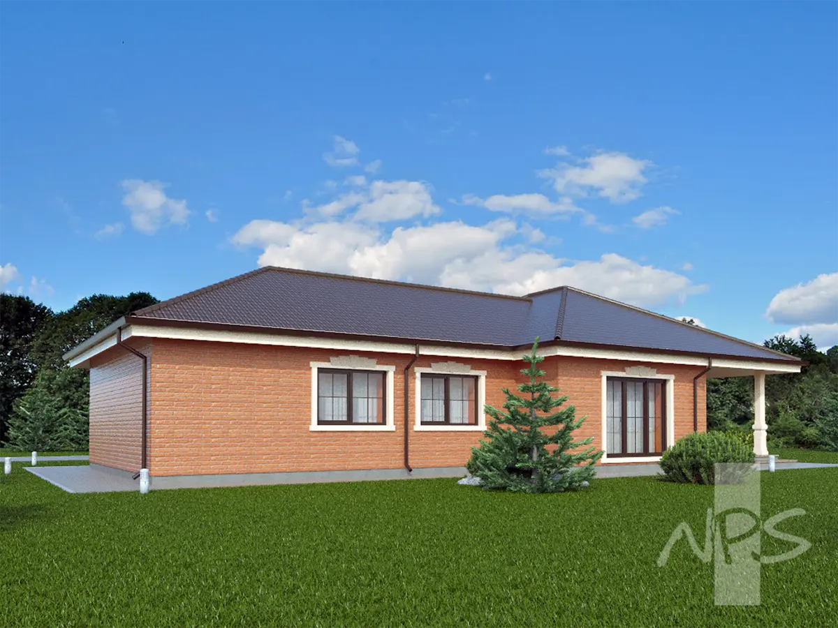 Vieno aukšto namo projektas 143 m²: 3 Miegamieji, 2 Vonios, Atvira virtuvė, be Garažo