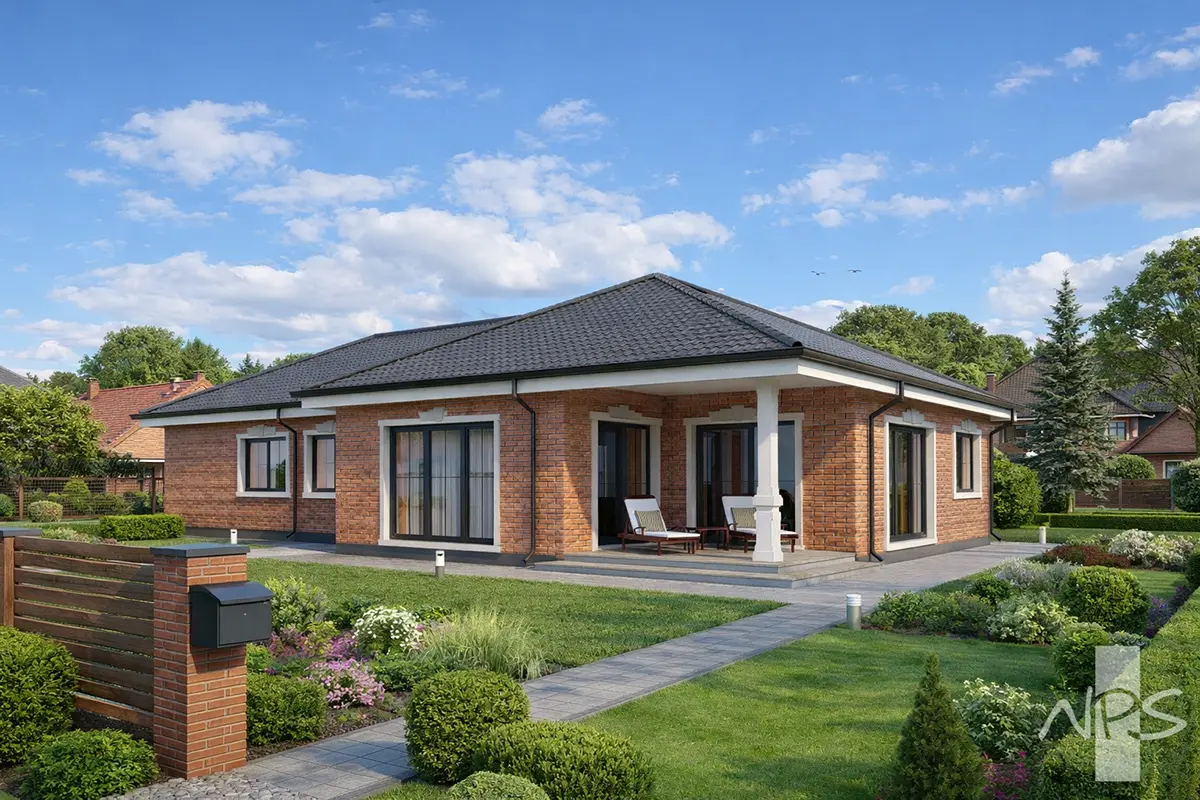 Vieno aukšto namo projektas 143 m²: 3 Miegamieji, 2 Vonios, Atvira virtuvė, be Garažo