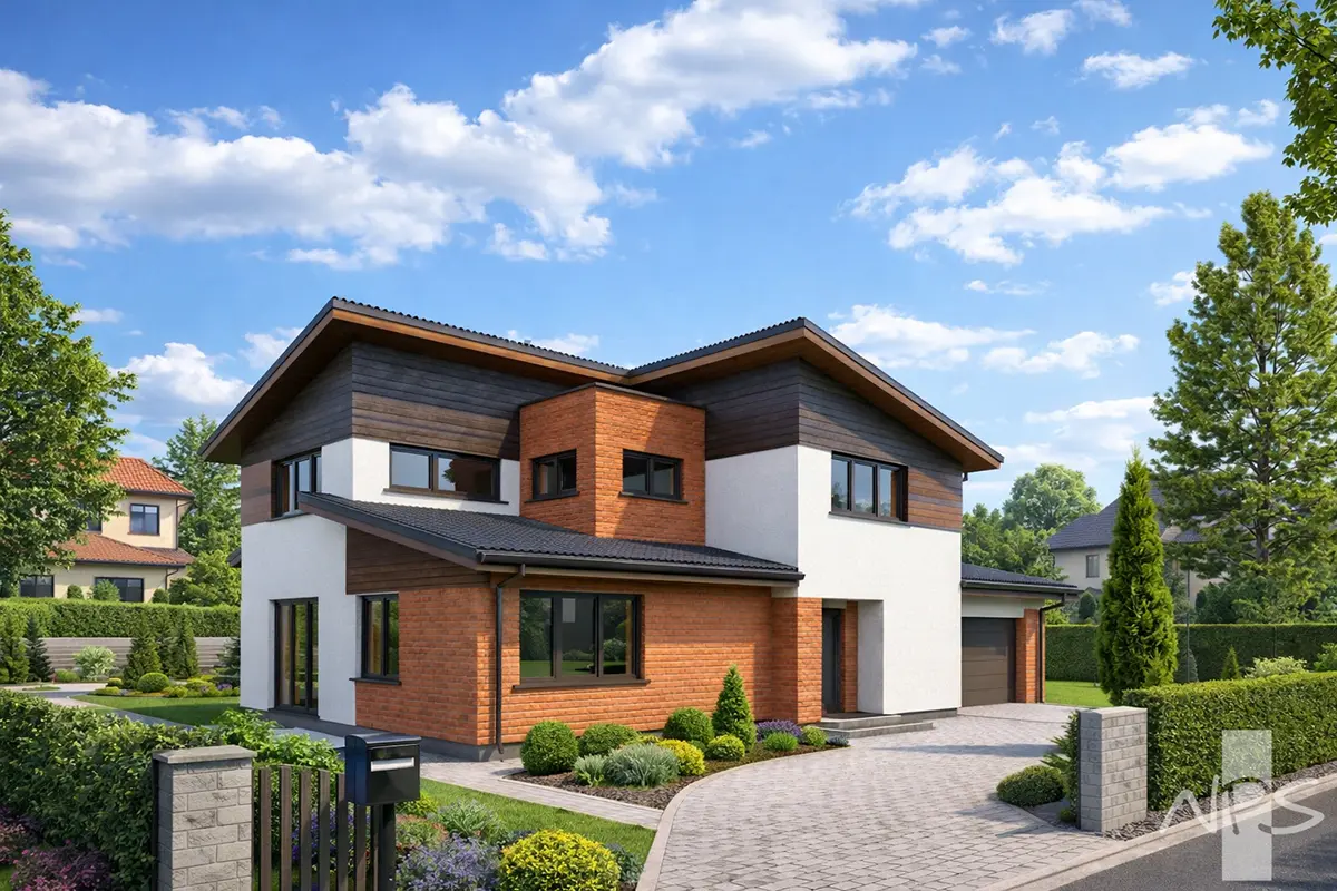 Dviejų aukštų namo projektas 194 m²: 3 Miegamieji, Darbo kambarys, 2 Vonios, Garažas