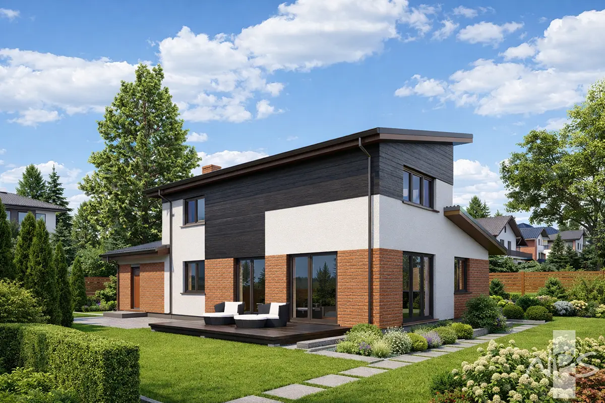 Dviejų aukštų namo projektas 194 m²: 3 Miegamieji, Darbo kambarys, 2 Vonios, Garažas