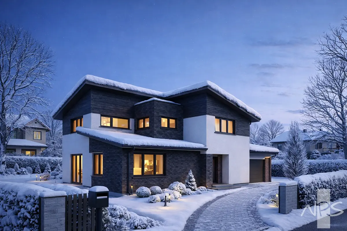 Dviejų aukštų namo projektas 194 m²: 3 Miegamieji, Darbo kambarys, 2 Vonios, Garažas