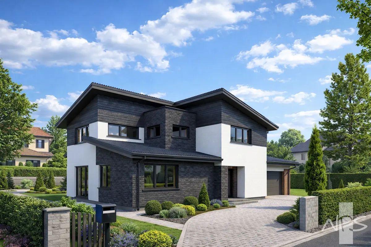 Dviejų aukštų namo projektas 194 m²: 3 Miegamieji, Darbo kambarys, 2 Vonios, Garažas