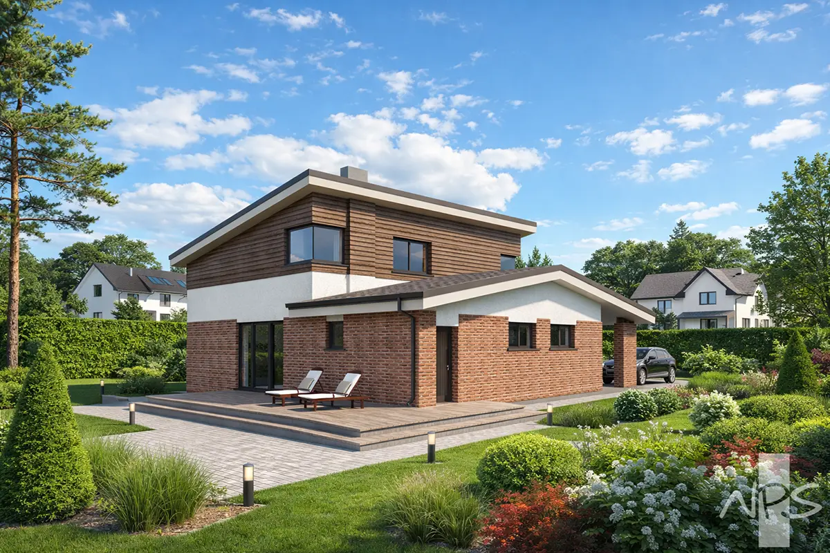 Dviejų aukštų namo projektas 157 m²: 3 Miegamieji, 2 Vonios, Atvira virtuvė, Garažas