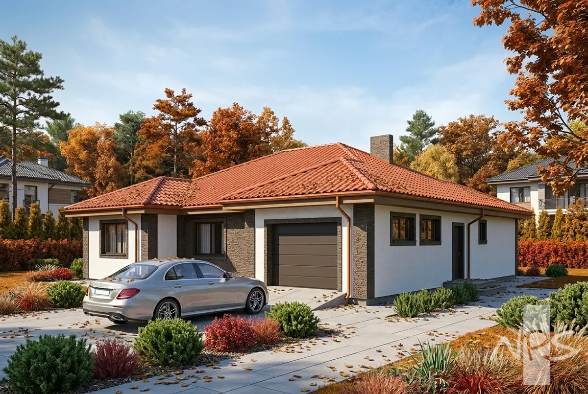 Vieno aukšto namo projektas 161 m²: 3 Miegamieji, Darbo kambarys, 2 Vonios, Garažas