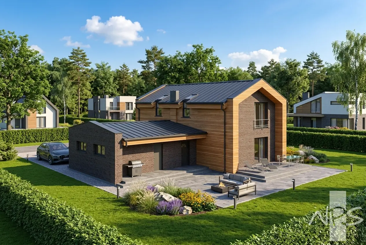 Namo projektas su mansarda 183 m²: 2 Miegamieji, 2 Vonios, Atvira virtuvė, Garažas