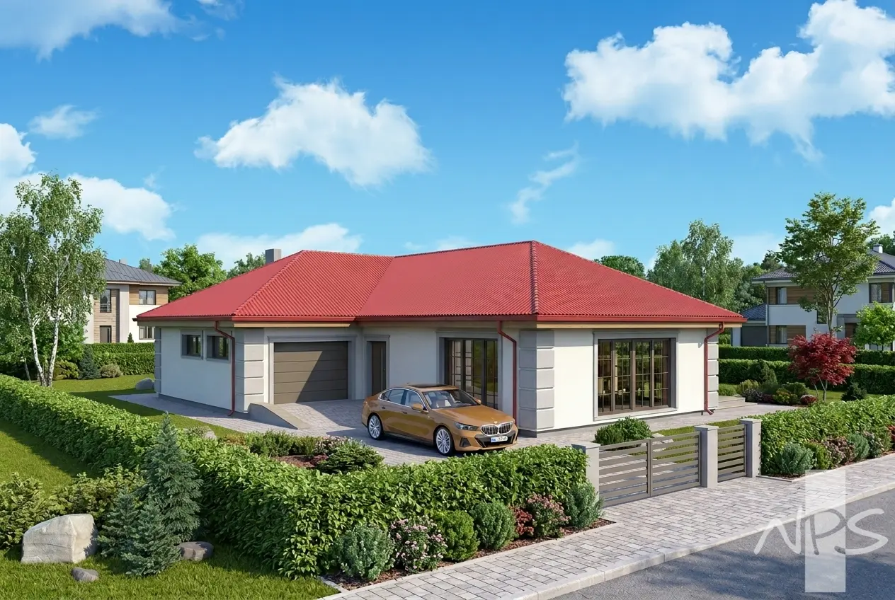 Vieno aukšto namo projektas 163 m²: 3 Miegamieji, 2 Vonios, Garažas