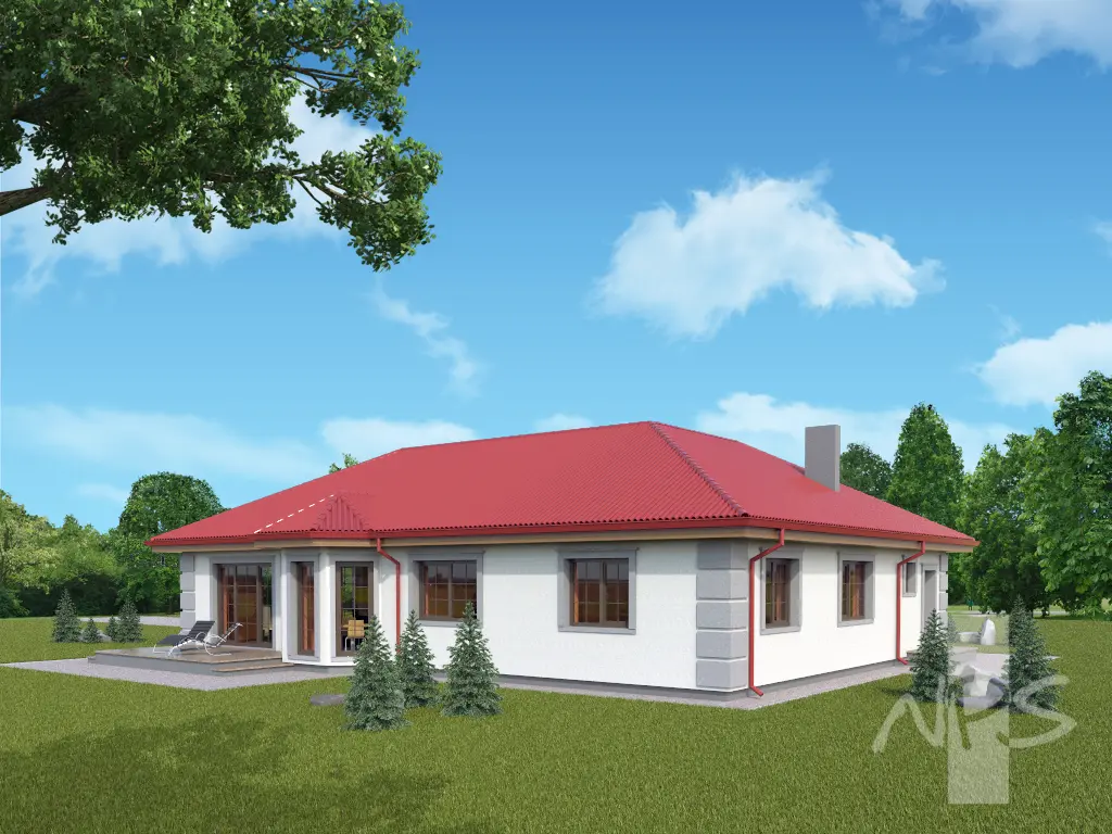 Vieno aukšto namo projektas 163 m²: 3 Miegamieji, 2 Vonios, Garažas