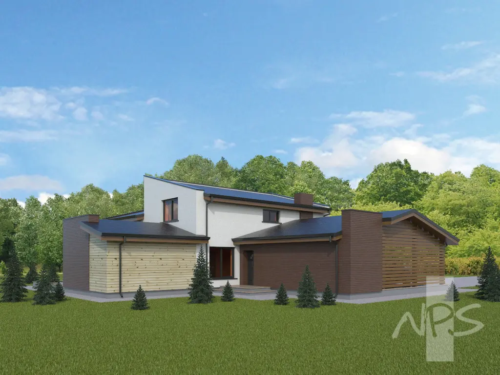 Dviejų aukštų namo projektas 215 m²: 2 Miegamieji, Darbo kambarys, 3 Vonios, Atvira virtuvė, Garažas