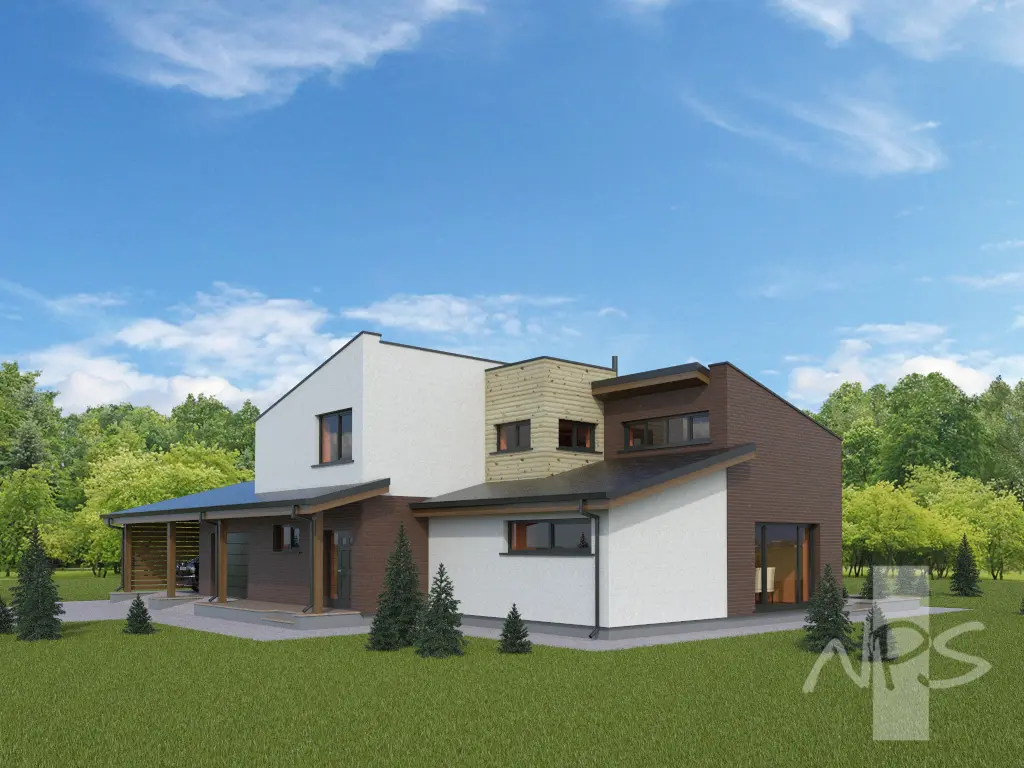 Dviejų aukštų namo projektas 215 m²: 2 Miegamieji, Darbo kambarys, 3 Vonios, Atvira virtuvė, Garažas