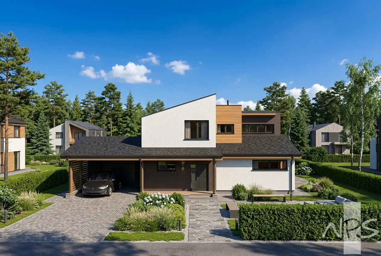 Dviejų aukštų namo projektas 215 m²: 2 Miegamieji, Darbo kambarys, 3 Vonios, Atvira virtuvė, Garažas