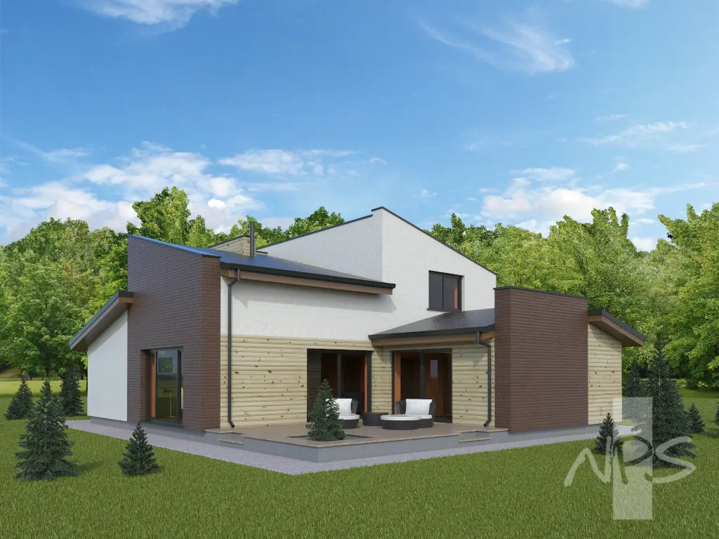 Dviejų aukštų namo projektas 215 m²: 2 Miegamieji, Darbo kambarys, 3 Vonios, Atvira virtuvė, Garažas