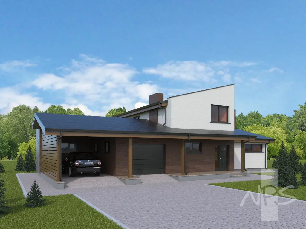 Dviejų aukštų namo projektas 215 m²: 2 Miegamieji, Darbo kambarys, 3 Vonios, Atvira virtuvė, Garažas