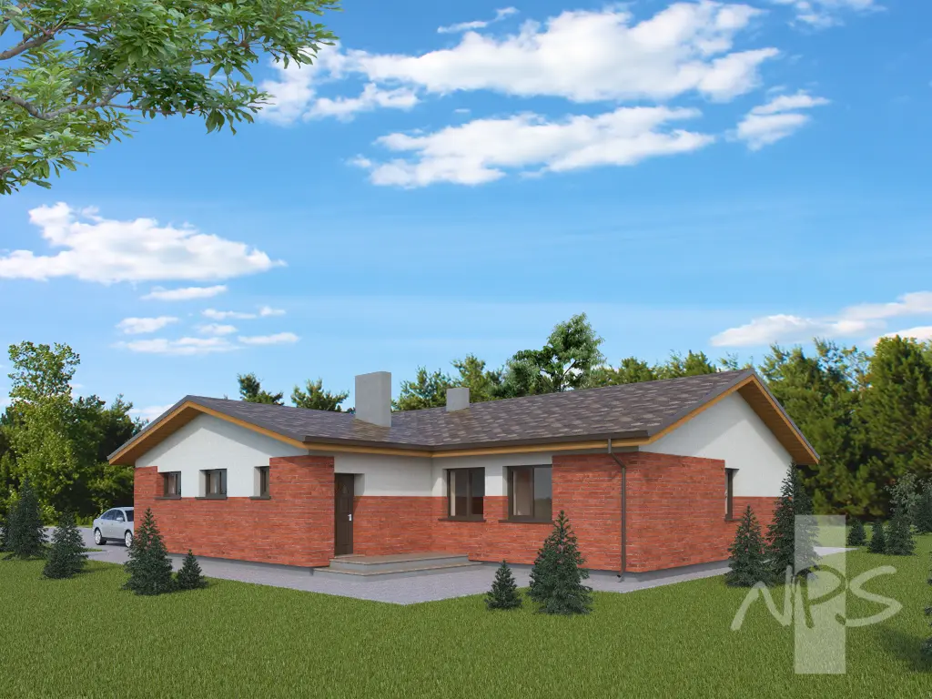 Vieno aukšto namo projektas 146 m²: 3 Miegamieji, 2 Vonios, Atvira virtuvė, Garažas