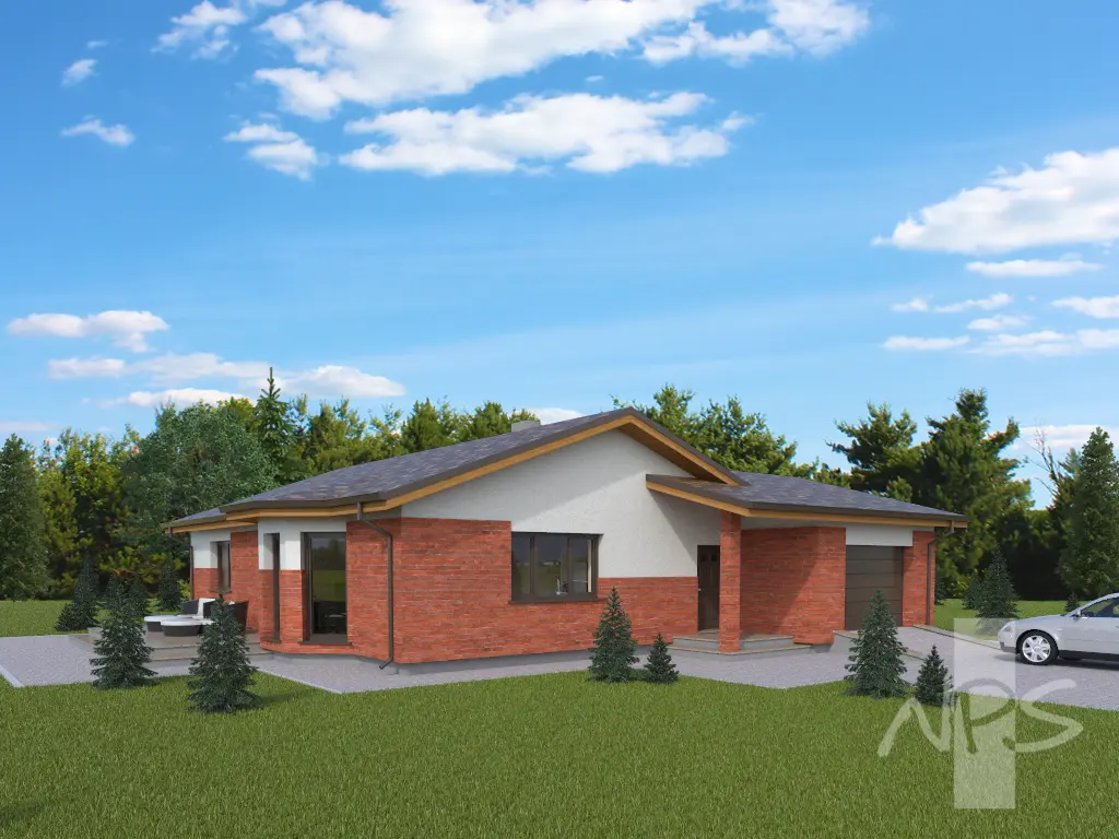 Vieno aukšto namo projektas 146 m²: 3 Miegamieji, 2 Vonios, Atvira virtuvė, Garažas
