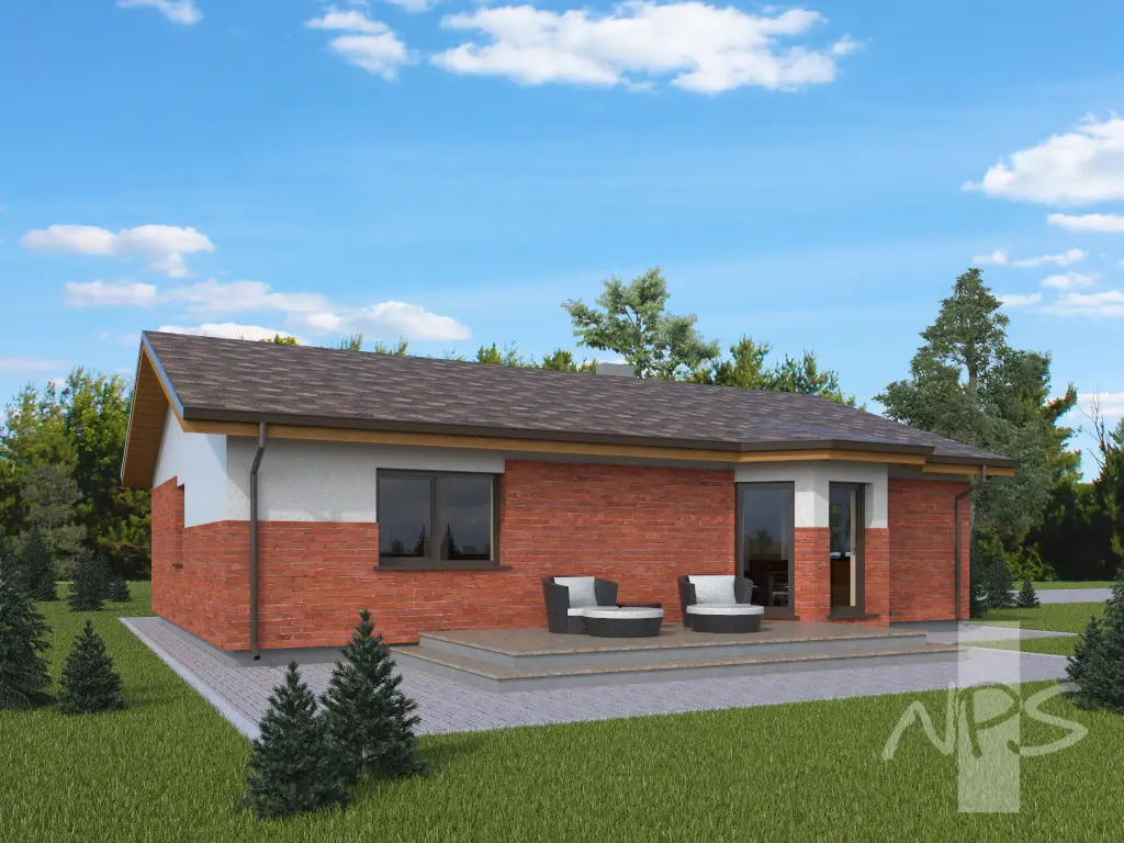 Vieno aukšto namo projektas 146 m²: 3 Miegamieji, 2 Vonios, Atvira virtuvė, Garažas