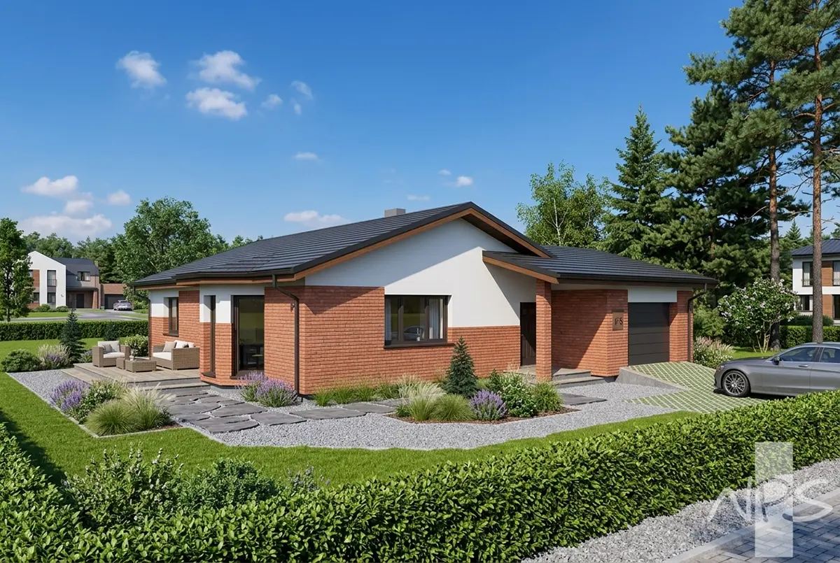 Vieno aukšto namo projektas 146 m²: 3 Miegamieji, 2 Vonios, Atvira virtuvė, Garažas