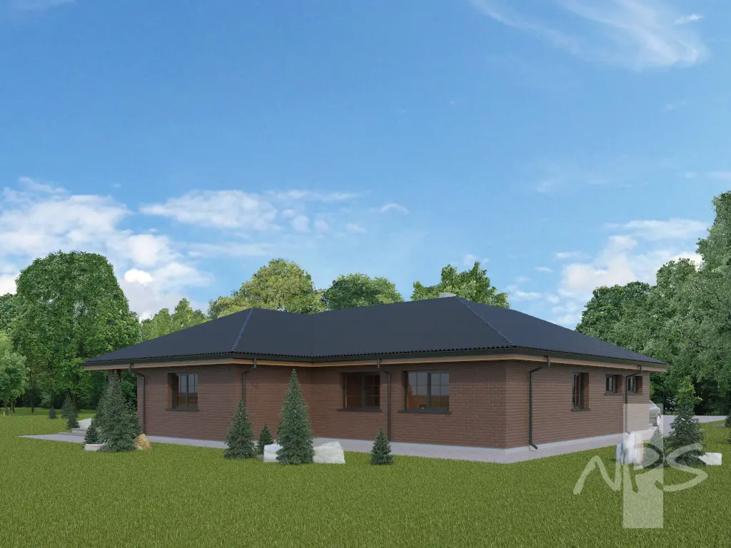 Vieno aukšto namo projektas 191 m²: 3 Miegamieji, Darbo kambarys, 2 Vonios, Garažas