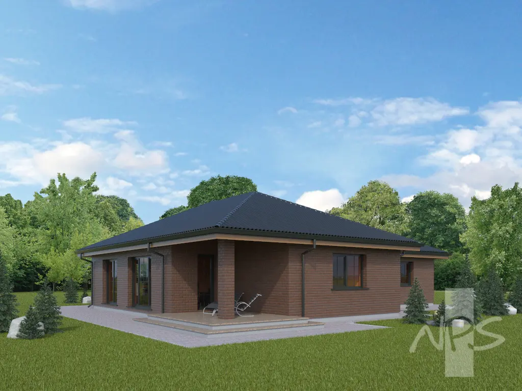 Vieno aukšto namo projektas 191 m²: 3 Miegamieji, Darbo kambarys, 2 Vonios, Garažas