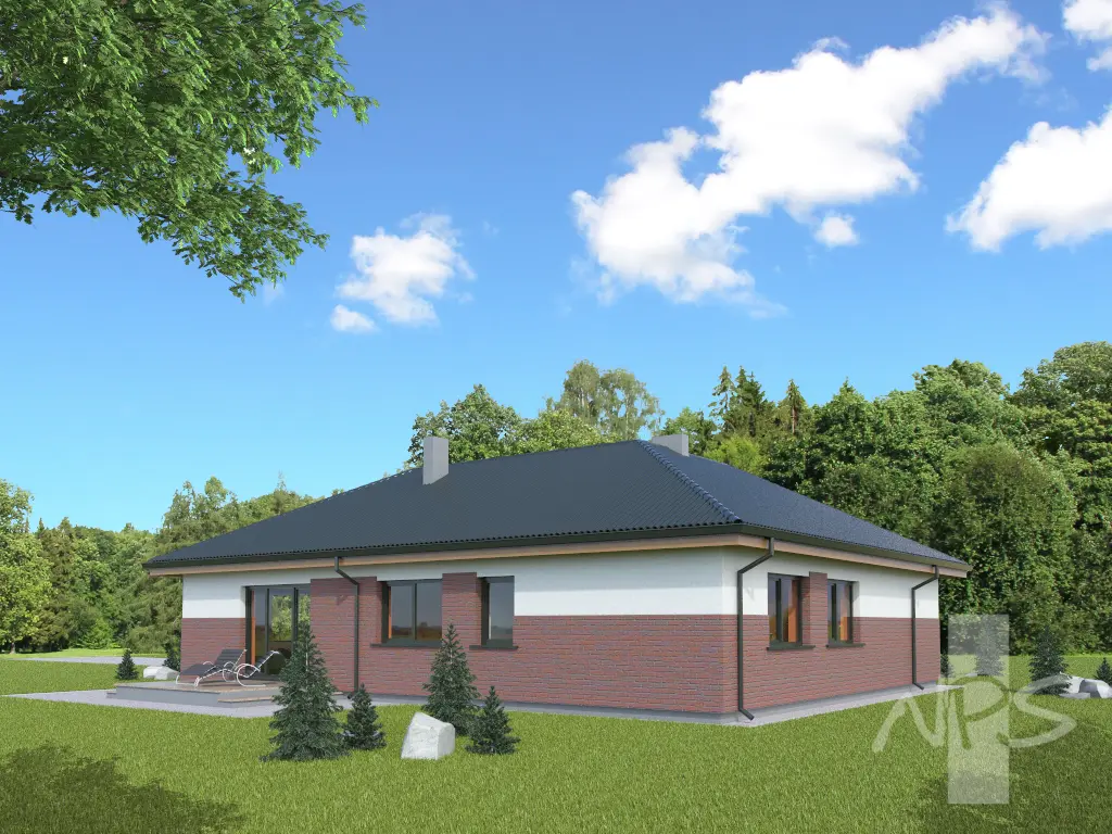 Vieno aukšto namo projektas 135 m²: 3 Miegamieji, 1 Vonios, be Garažo