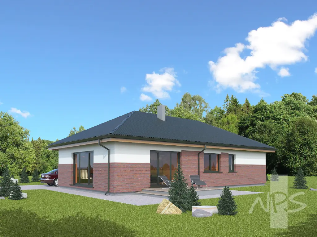Vieno aukšto namo projektas 135 m²: 3 Miegamieji, 1 Vonios, be Garažo