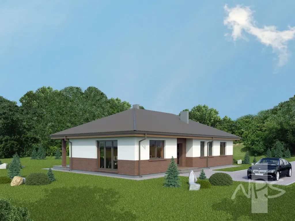 Vieno aukšto namo projektas 126 m²: 3 Miegamieji, 2 Vonios, Atvira virtuvė, be Garažo