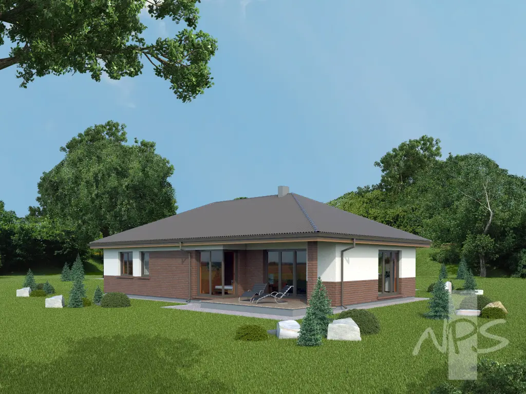 Vieno aukšto namo projektas 126 m²: 3 Miegamieji, 2 Vonios, Atvira virtuvė, be Garažo