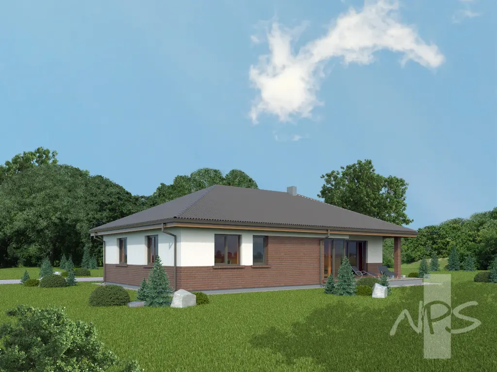 Vieno aukšto namo projektas 126 m²: 3 Miegamieji, 2 Vonios, Atvira virtuvė, be Garažo
