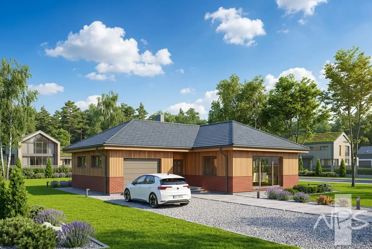 Vieno aukšto namo projektas 133 m²: 3 Miegamieji, 1 Vonios, Atvira virtuvė, Garažas
