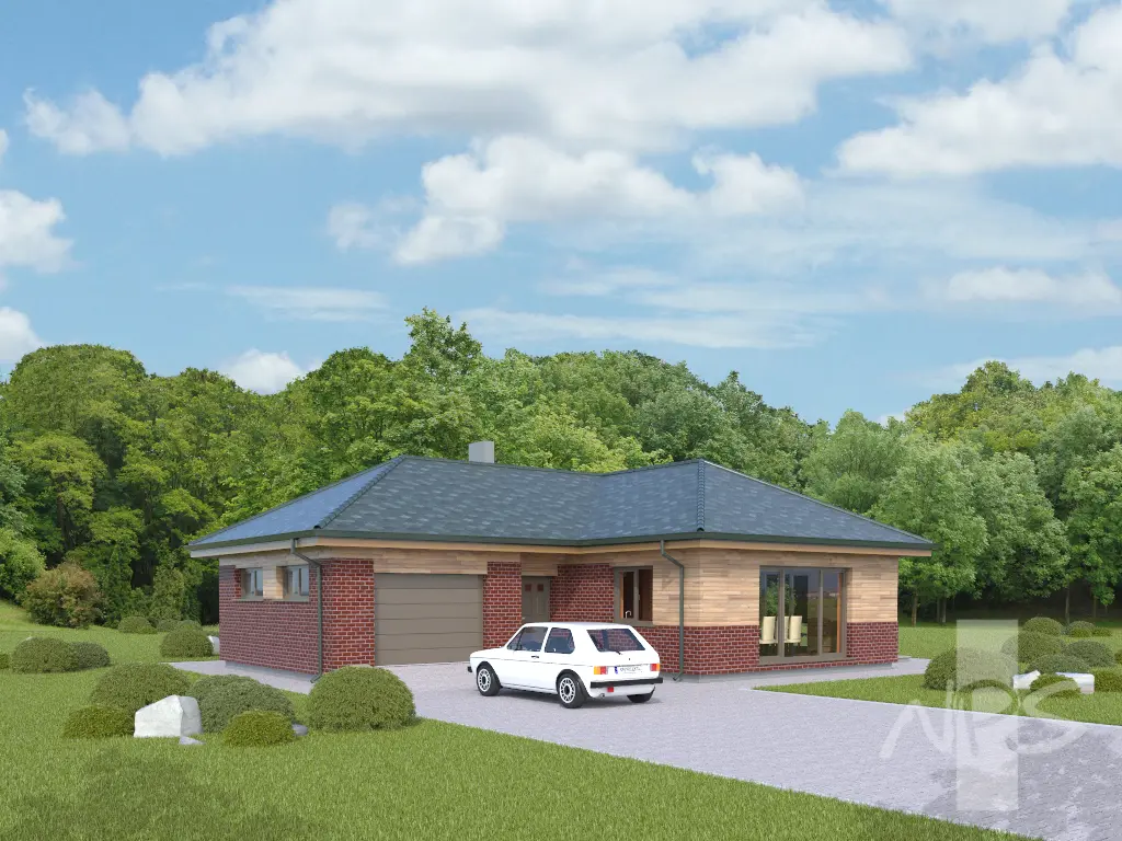 Vieno aukšto namo projektas 133 m²: 3 Miegamieji, 1 Vonios, Atvira virtuvė, Garažas