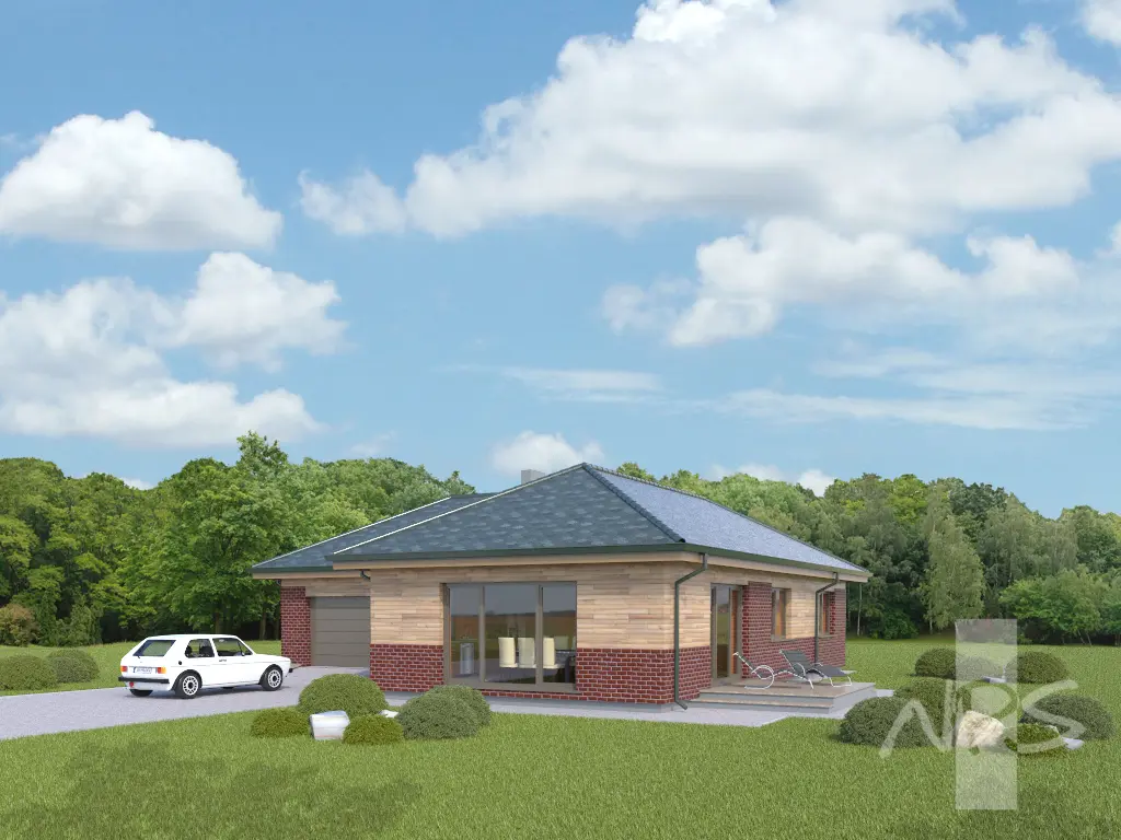 Vieno aukšto namo projektas 133 m²: 3 Miegamieji, 1 Vonios, Atvira virtuvė, Garažas
