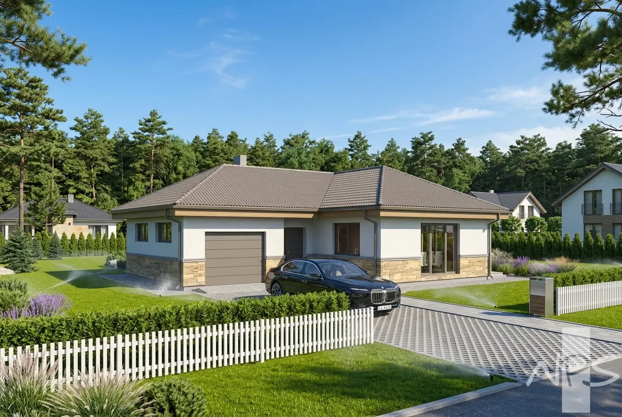 Vieno aukšto namo projektas 135 m²: 3 Miegamieji, 2 Vonios, Atvira virtuvė, Garažas