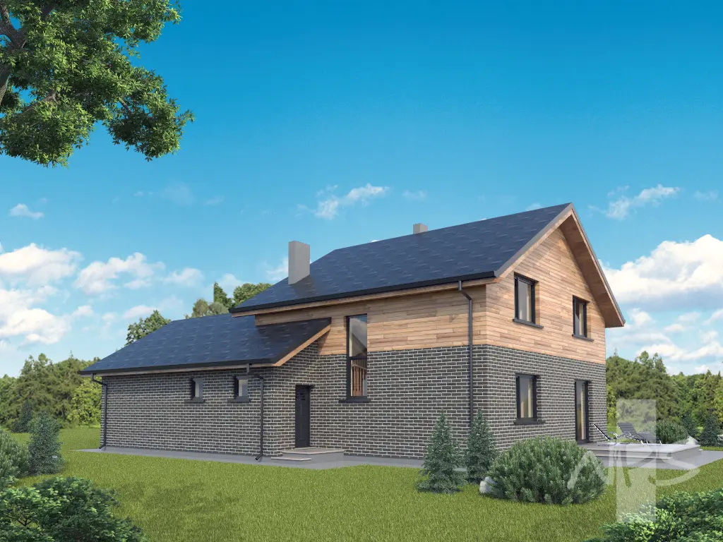 Namo projektas su mansarda 195 m²: 3 Miegamieji, Darbo kambarys, 2 Vonios, Atvira virtuvė, Garažas