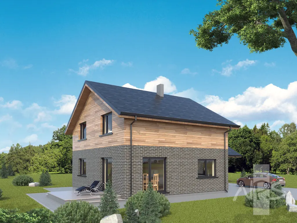 Namo projektas su mansarda 195 m²: 3 Miegamieji, Darbo kambarys, 2 Vonios, Atvira virtuvė, Garažas