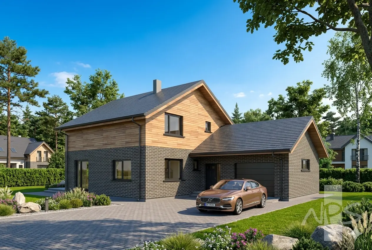Namo projektas su mansarda 195 m²: 3 Miegamieji, Darbo kambarys, 2 Vonios, Atvira virtuvė, Garažas