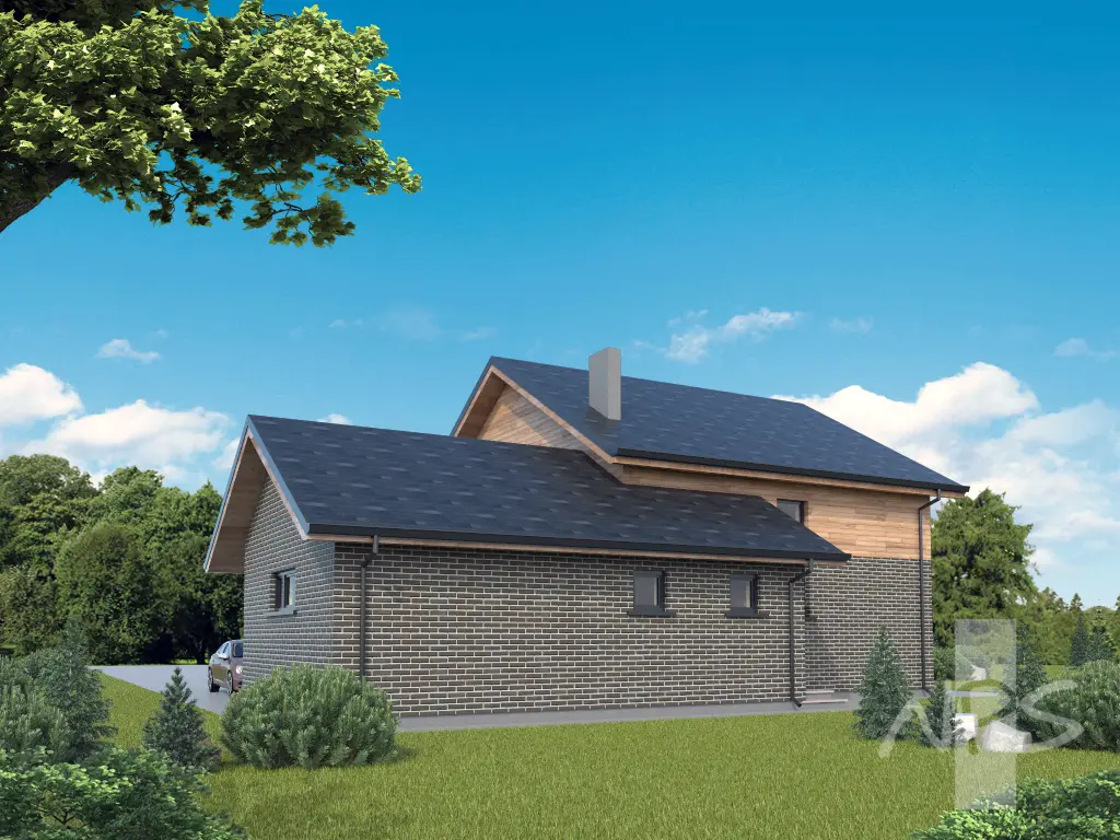 Namo projektas su mansarda 195 m²: 3 Miegamieji, Darbo kambarys, 2 Vonios, Atvira virtuvė, Garažas