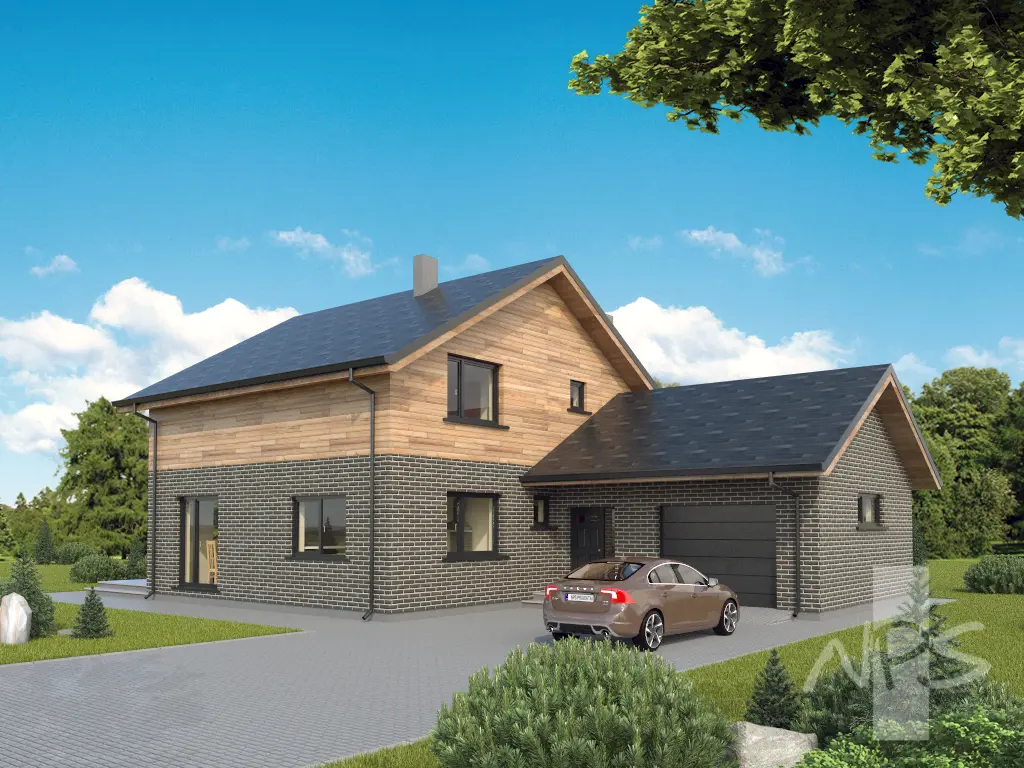 Namo projektas su mansarda 195 m²: 3 Miegamieji, Darbo kambarys, 2 Vonios, Atvira virtuvė, Garažas