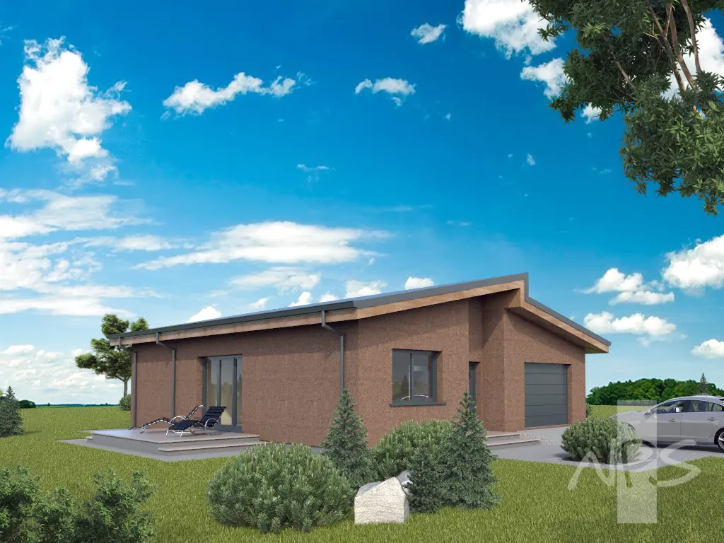 Vieno aukšto namo projektas 114 m²: 2 Miegamieji, 1 Vonios, Atvira virtuvė, Garažas