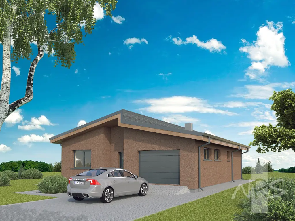 Vieno aukšto namo projektas 114 m²: 2 Miegamieji, 1 Vonios, Atvira virtuvė, Garažas