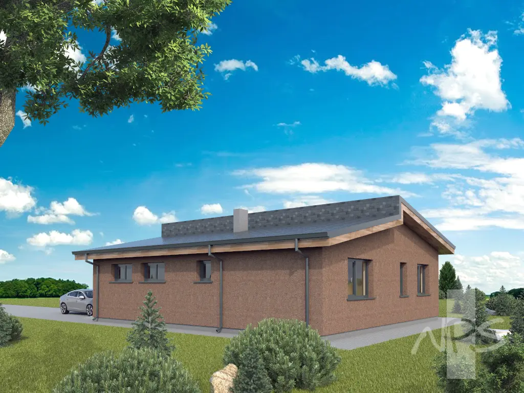 Vieno aukšto namo projektas 114 m²: 2 Miegamieji, 1 Vonios, Atvira virtuvė, Garažas