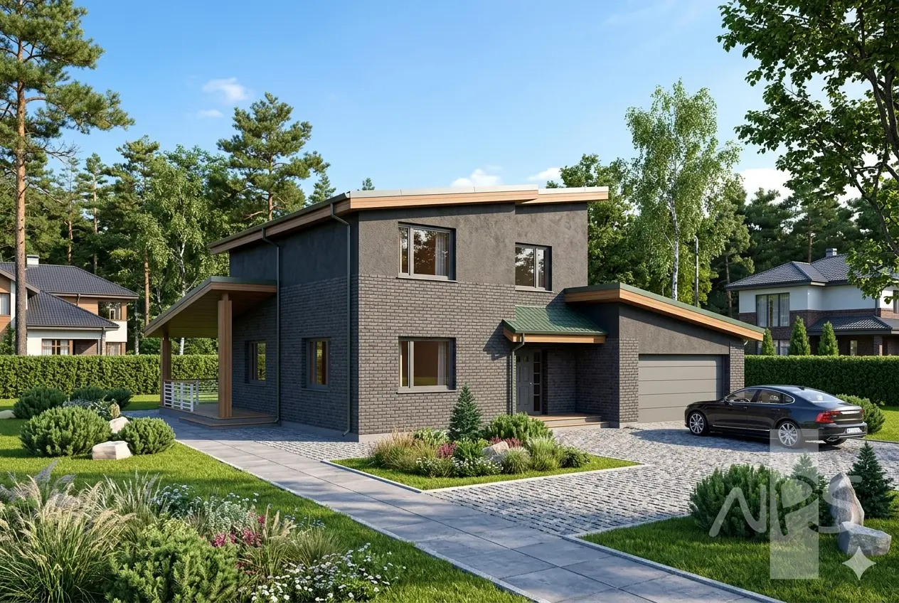 Dviejų aukštų namo projektas 190 m²: 3 Miegamieji, Darbo kambarys, 2 Vonios, Garažas